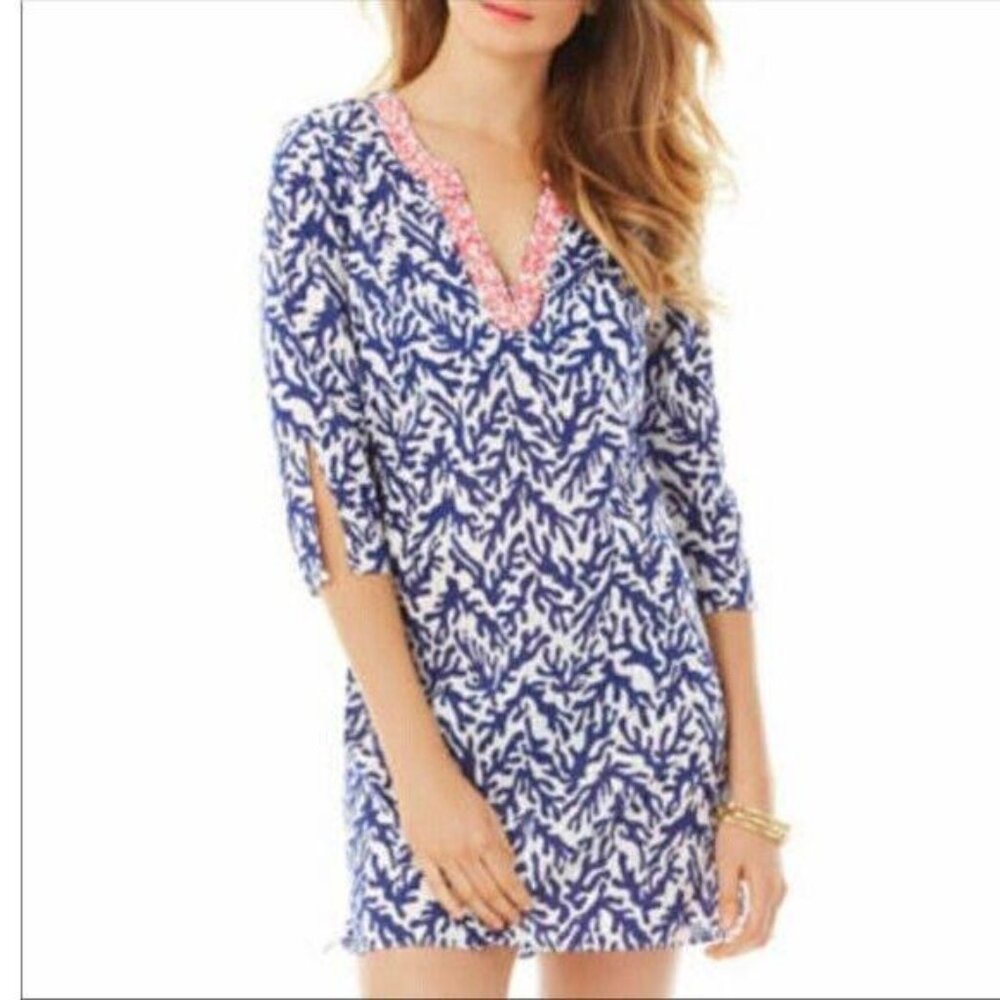 Lilly Pulitzer Coral Beaded Courtney Tunic Dress Printed Navy Cotton XS